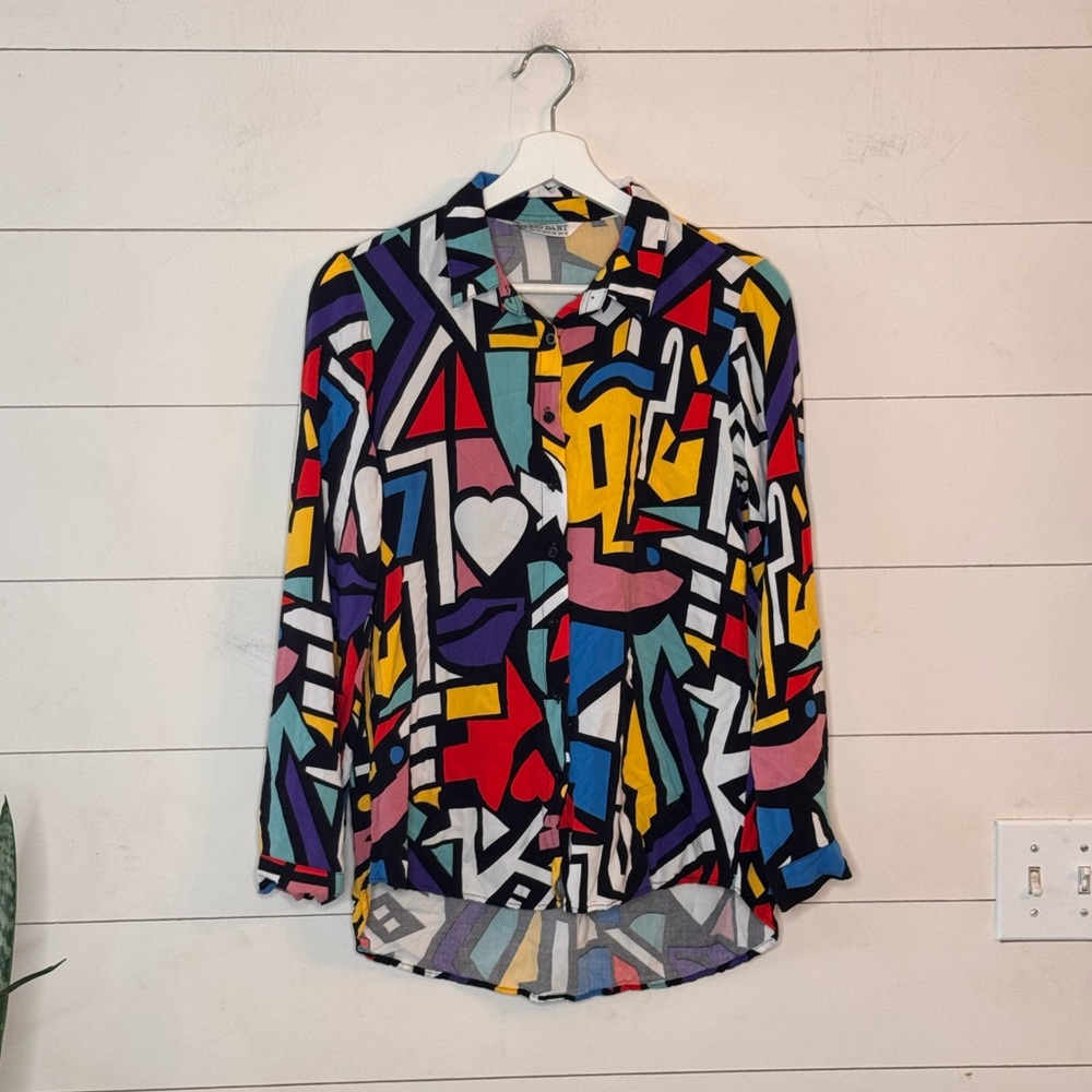 Vintage Big Dart 80s Geometric Pop Art Button Up Top Color Block UK Size 12